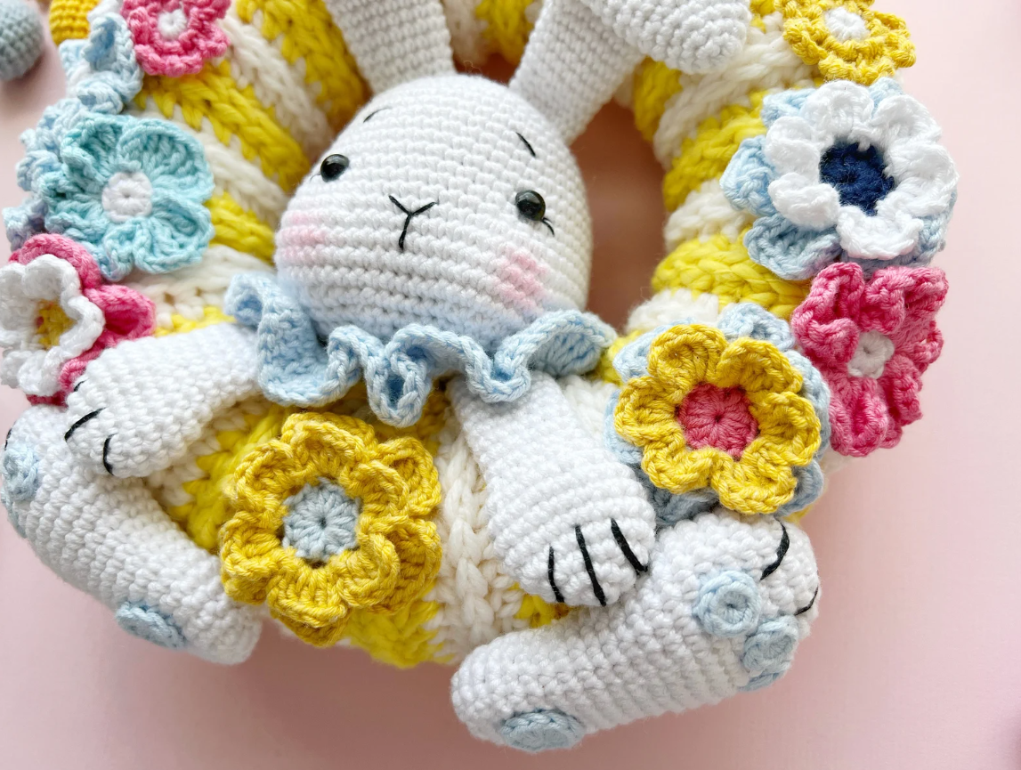 Rabbit and Flowers  Crochet Wreath