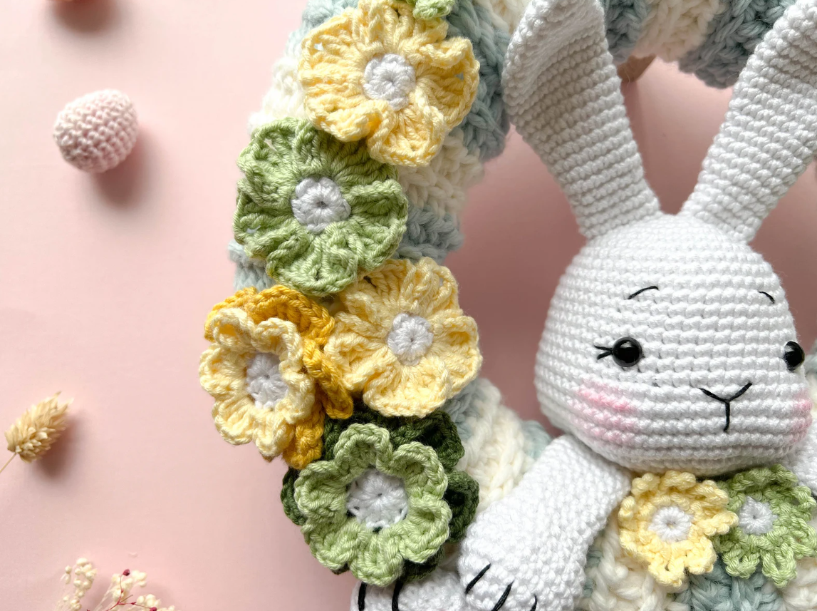 Rabbit and Flowers  Crochet Wreath